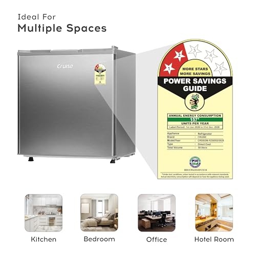 Image of Cruise 50 L 2 Star Compact Minibar Refrigerator with Freezer - Direct Cool Technology (Single Door, Ideal for Bedroom, Hostels & Offices, 2026 Star Rating, Brushed Steel, CRDSDM-FZ30552S)