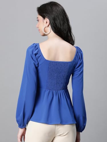 Image of Women Solid Round Neck Elasticated Polka Print Long Sleeve Top