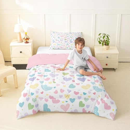 Image of Erosebridal Cute Heart Twin Comforter Set Valentine Love Heart Bedding Set for Kids Girls Rainbow Hand Drawn Style Comforter Cartoon Geometric Duvet Insert