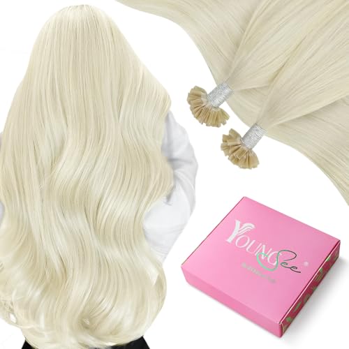 Image of YoungSee U Tips Hair Extensions Real Human Hair Blonde U Tip Extensions Remy Hair Platinum Blonde Hot Fusion K Tips Hair Extension Straight Ktips Human Hair Extension for Women 16In 1G /S 50G