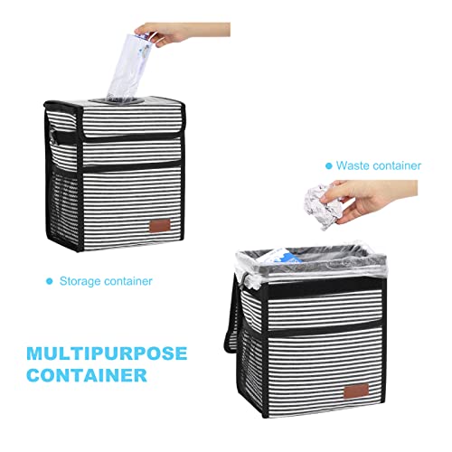 Image of Femuar Leak Proof Car Trash Can With Lid - Waterproof Garbage Bag With Storage Mesh Pocket, Large /Stripe