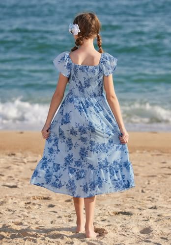 GRACE KARIN Girls Floral Easter Dresses Size 14 Teen Girl Spring Maxi Dress Kids Summer Hawaiian Party Dress,Dark Blue — view 4