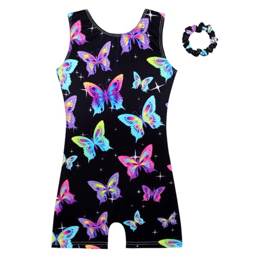 HOZIY Gymnastics Leotards for Girls with Shorts Biketards Dance Tumbling Outfits Matching Scrunchies 1-12 Years Old 1-2T Black Rainbow Butterfly
