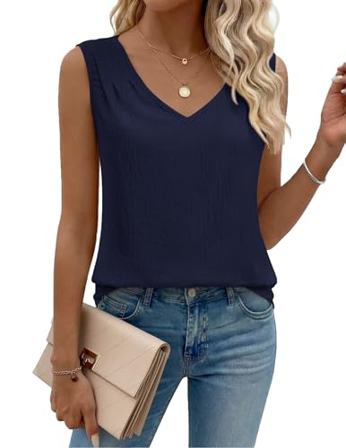 Zeagoo Cute Summer Tops for Women Sleeveless Textured Tank Tops Trendy V Neck Dressy Casual Blouses Navy Blue - image 1