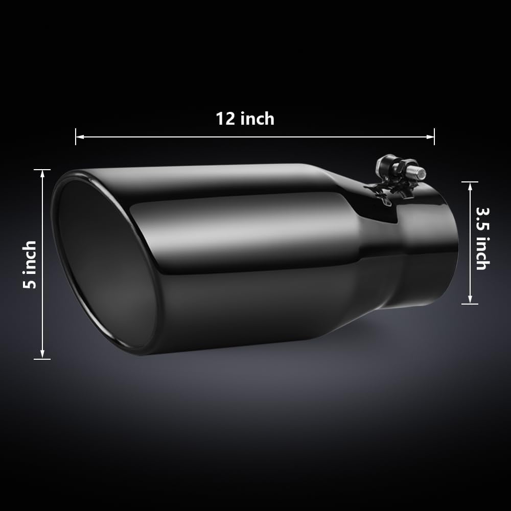 3.5 Inch Inlet Exhaust Tip, 3.5" Inlet 5" Outlet 12" Overall Length, Chrome-Plated Exhaust Tip, Stainless Steel, Chrome Grey Exhaust Tip, Angle Cut, Bolt On