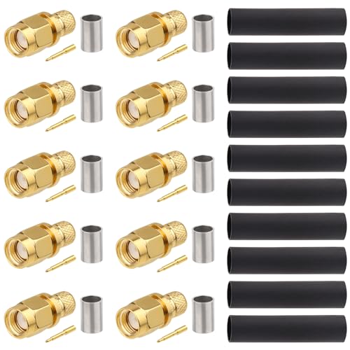 10-Pack SMA Male Crimp Connector Kit for RG8X LMR240 KMR240 4D-FB CNT240 RG8 Mini Coax Cable SMA Male RF Connector for Antennas Signal Boosters Wireless Communications and GPS Systems