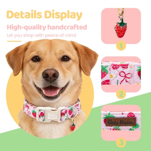 Image of Dog Collars, Spring Red Strawberry Print Pet Collar Holiday Cute Durable Adjustable Pendant Gift Collar with Quick Release Plastic Buckle for Medium Dogs