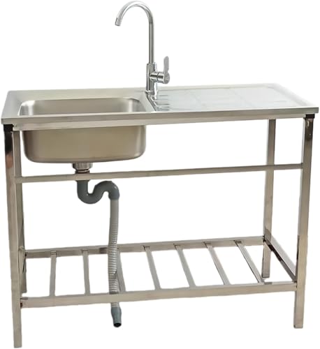 Dohera ガーデンシンク 屋外 簡易流し台 台所 蛇口付き ステンレス鋼 シンク 錆びない 単槽 収納ラック スタンド付き 作業台付き 耐久性 組み立式 多機能 お手入れ簡単 庭 キッチン 工場 家庭用 業務用 バルコニー 庭 (単層,長さ83cm 幅