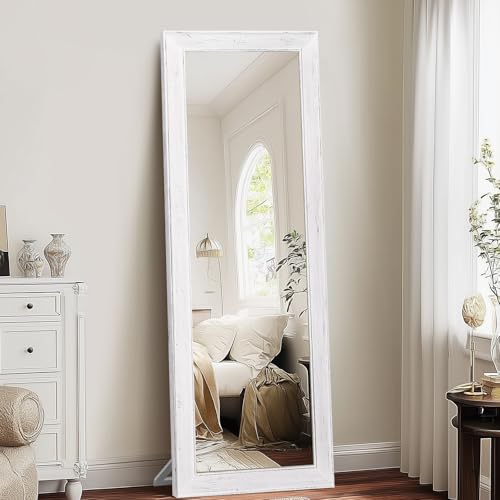 Image of 65x22in Full Length Mirror, Rustic White Beveled Wood Frame