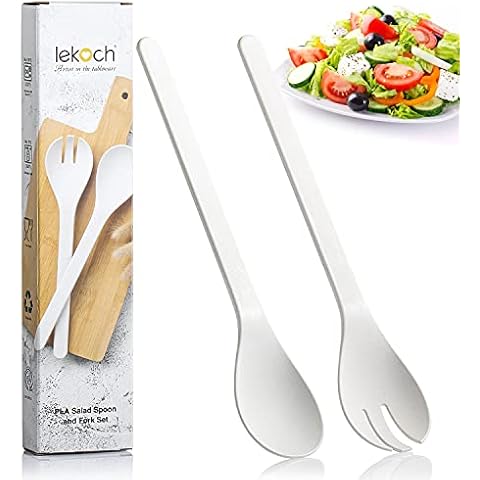 LEKOCH Plant Based Salad Servers Reusable Salad Fork and Spoon Set,Microwave and Dishwasher Safe, Utensils for Christmas,Kitchen,Home,Rv and Camping (White) Cover