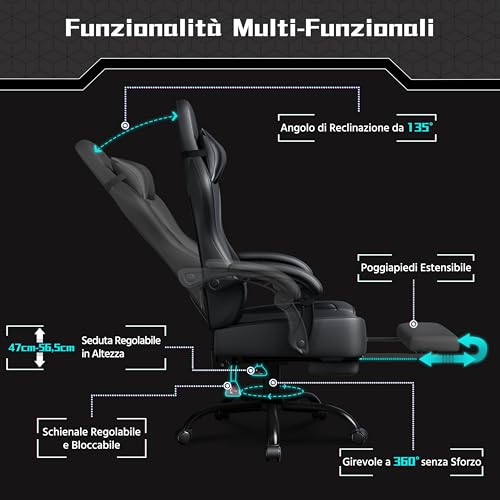 Sedia da Gaming Ergonomica con Cuscino Massaggio Lombare, Schienale Reclinabile e Poggiapiedi Estraibile, Sedia da Ufficio Girevole con Braccioli Imbottiti e Poggiatesta Rimovibile (Nero) - Sedia gaming - Immagine 7