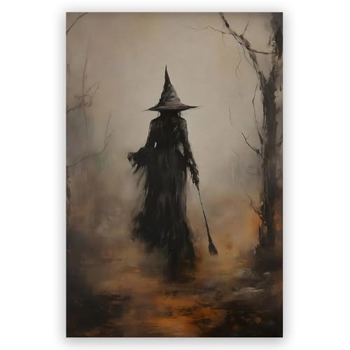 JsGwyllion Vintage Country Witch Poster Halloween Canvas Wall Art Witch in the Forest Painting Print Gothic Dark Gloomy Wall Decor for Living Room Bedroom12x18in Unframed, style-1