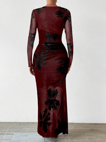 Image of MARZXIN Women Long Sleeve Maxi Dress Bodycon Ruched Formal Slim Fit Tie Dye Dress Formal Mesh Dress