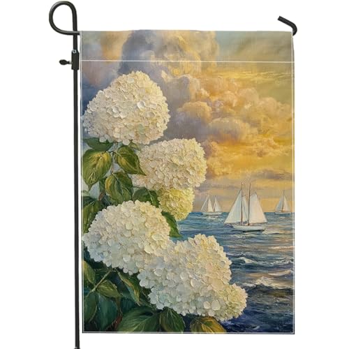 Bandera de jardín de hortensias de verano, pancarta floral blanca para decoración del hogar, bandera de arpillera de doble cara para decoración de césped al aire libre, estilo de playa costera, 12 x
