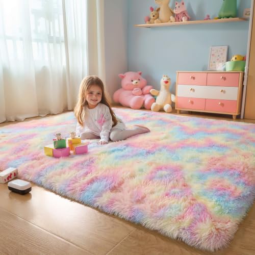Washable 4x6 Rainbow Fluffy Shag Rug for Girls Bedroom Kids Playroom