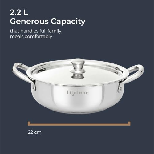 Image of Lifelong Stainless Steel Kadhai with Lid | 22 Cm, 2.2L | Induction Bottom, Riveted Handle, Durable Build, Even Heating, Scratch-Free, Dishwasher Safe | Ideal for Curries, Gravies & Deep Frying
