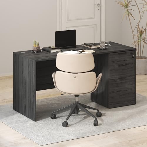 Image of Furinno Roger File Cabinet, 3-Drawer Fixed Pedestal Filing Cabinet with Lock, Soft-Close Drawers with Drawer Organizer, for Home Office, Coastal Grey