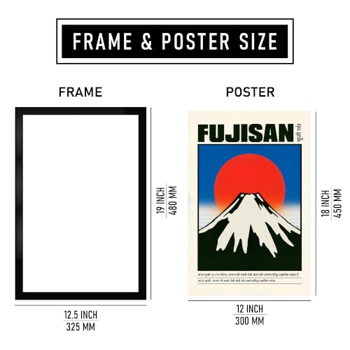 Image of Mount Fuji Japan Premium Framed Wall Poster (12x18 Inch) | Japanese Mountain & Rising Sun Travel Wall Art | Vintage Japan Landscape Decor for Bedroom, Living Room, Office & Workspace | Ready-to-Hang Display Frame
