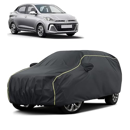 Image of Sulfar 100% Water Resistant Car Body Cover Compatible with Mirror for Hyundai Aura (Triple Stitched, Full Bottom Elastic, Dark Grey Taffeta with Yellow Piping)