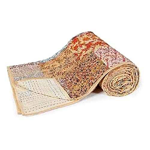 Rajasthaniartdecor Indian Handmade Vintage Silk Sari Patola Ethnic Reversible Blanket Bedspread Throw Stitch Patchwork Kantha Quilt (Beige, Super King 108x108 Inch) by Rajasthaniartdecor - Used condition - US$37.94