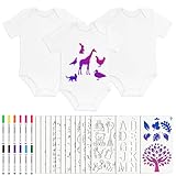 Vicloon Baby Lätzchen zum Bemalen, 3 Stück Bemalen Kurzarm Baby Body mit 12 Textilstifte und 14 Malen Schablonen, Kurzarmbody zum Bemalen für Babyparty Spiele Babyshower Strampler
