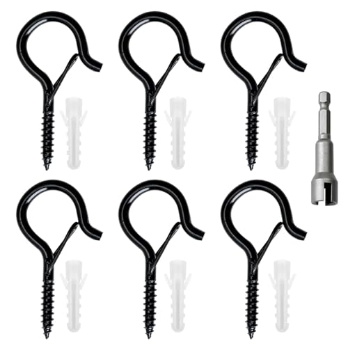 Lote de 6 Gancho de Tornillo de Acero Inoxidable con Hebilla de Seguridad, ideales para guirnaldas, comederos, faroles, tazas, con rosca M5, tornillos, tacos y destornillador de aletas, negro y resist