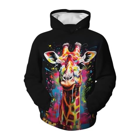 ReLuB Unisex Kids 3D Graphic Hoodies, Black Colorful Giraffes Boys Sweatshirt with Pocket Pullover Hoodies for Teens Girls 6-15 Years (M) Cover