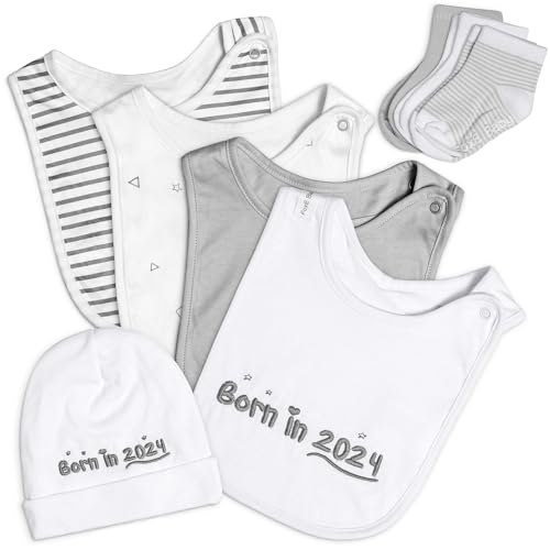 Image of FoxE 'Born in 2024' Unisex Newborn Gift Set - 'Born in' Beanie and Bib, 3-Pack Socks, 3 Bibs - Ideal Gift for Baby Boy & Girl