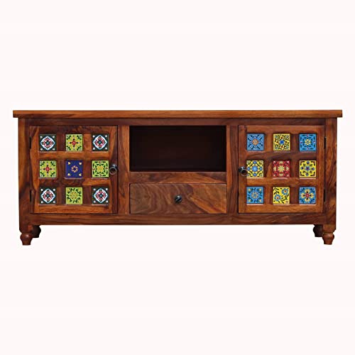 Image of Sheesham Wood TV Stand and Shelf Storage Entertainment Unit Center Console TV Table Wooden Tv Cabinet for Living Room Home (Tiles Design Walnut)