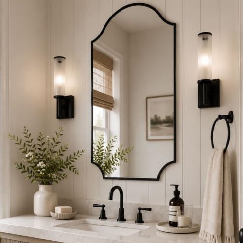 Image of TEHOME Scalloped Black 24x32'' Bathroom Vanity Mirror, Matt Black Decorative Bathroom Mirror