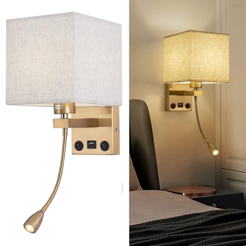 Image of Wall Sconces, Hardwired Wall Lamp with USB Port White Fabric Shade Bedside Wall Lights with Reading Lamp for Bedroom Living Room Hotels and Office (Gold)