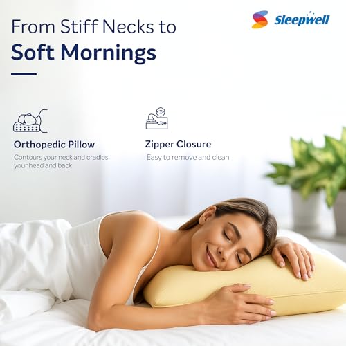 Image of Sleepwell Restora Pro Latex Pillow | 100% Natural Latex Foam | Yellow | Hypoallergenic & Breathable | Orthopedic Neck & Head Support | Soft Sleeping Pillow | 24x16 Inches | Pack of 1