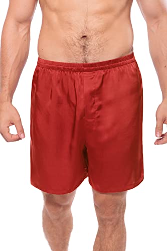 Men's 100% Organic Silk Boxers - Soft Luxury Sleepwear, Elastic Waistband and Button Fly (Country Club, Castle Red, L)