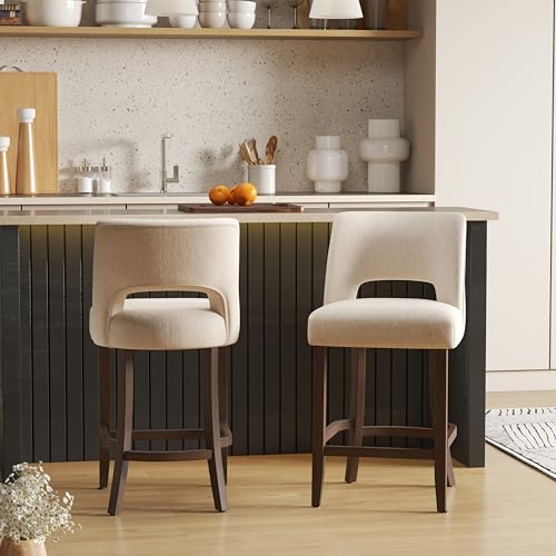 Image of VKNOW Bar Stools Set of 2, 26 inch Upholstered Counter Height Bar Stools, Modern Counter Stools with Wood Legs for Kitchen Island Dining Room Bar, Beige