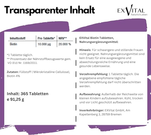 Foto von Biotin, EXVital für Haare, Haut und Fingernägel, hochdosiert, 10.000 µg, 365 Tabletten in deutscher Premiumqualität
