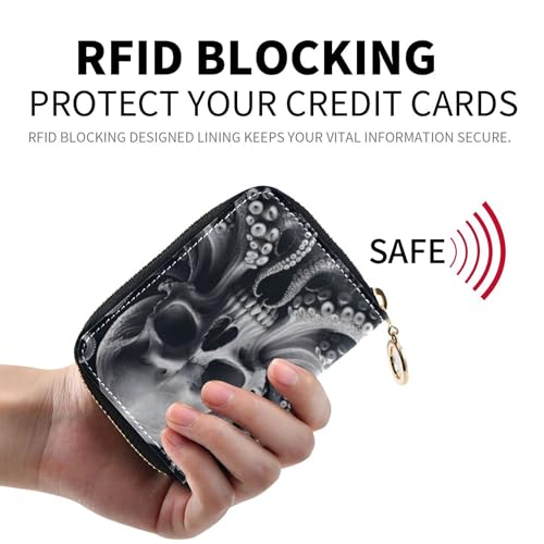 Credit Card Holder RFID Blocking Wallets for Women Zip Around Small Mens Wallet with Coin Pocket Dark Skull Octopus Gothic2