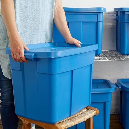 Image of Rubbermaid Roughneck Tote 18 Gal, 10 Pack, Made in USA, Heritage Blue, Rugged Plastic Stackable Storage Bins with Lids and Handles
