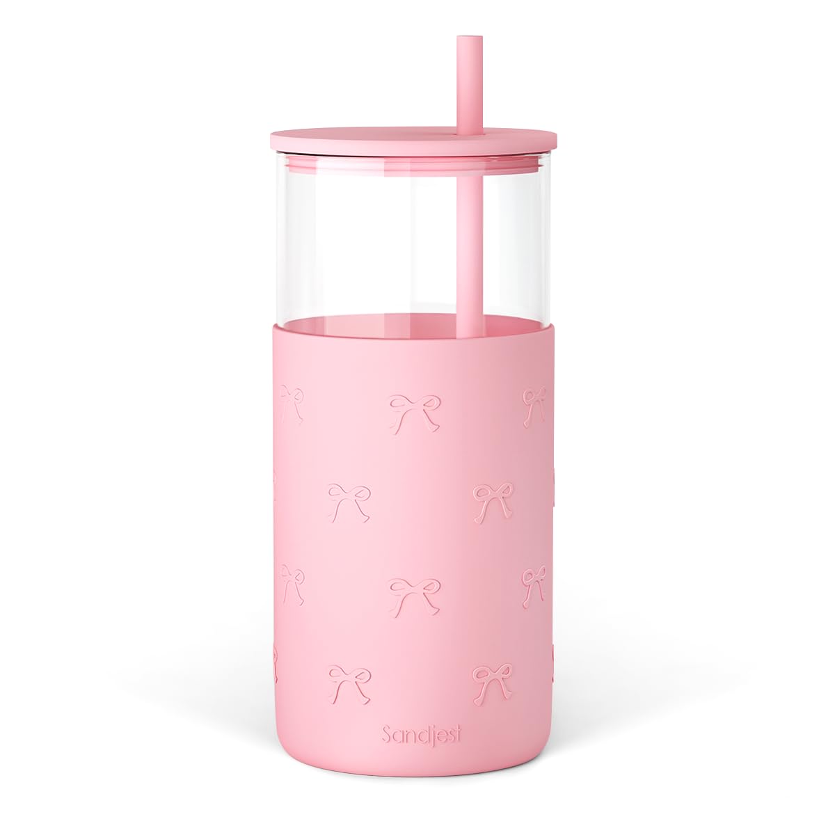 SANDJEST Glass Tumbler with Straw and Lid, Glass Water Bottle with Silicone Sleeve 20oz with Bow, Smoothie, Iced Coffee Cup, Bow Gifts for Women Teen Girls Birthday Christmas