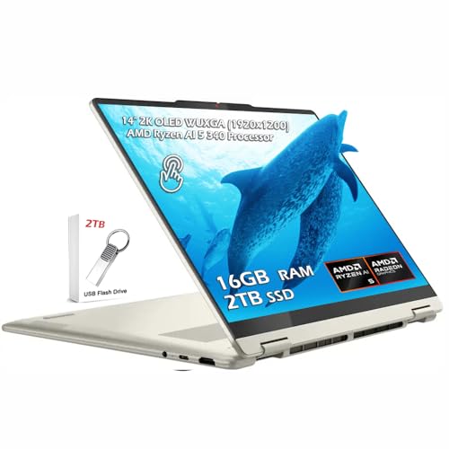 Image of Lenovo Yoga 7 2-in-1 Laptop 14 inch WUXGA OLED Touch (100% DCI-P3, 600nits HDR) AMD 6-core Ryzen AI 5 340, 16GB RAM 2TB SSD for Wi-Fi7, Backlit KB, Windows 11, Seashell, w /2TB USB Drive, W /GaLiMu