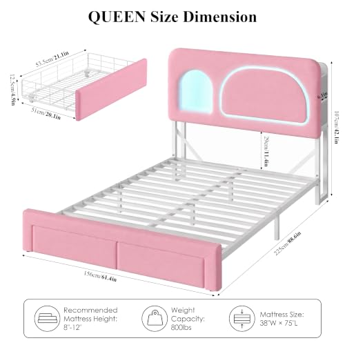 Image of Queen Storage Bed Frame with Bookcase Headboard & Charging Station, Pink