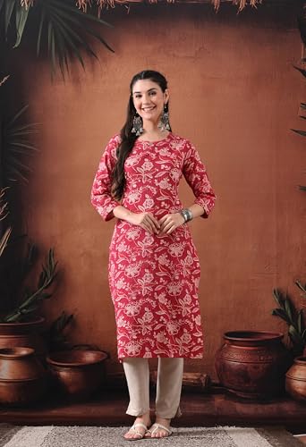 Image of Ichaa Women's Pure Cotton A-Line Katha-Work Ethnic Round-Neck Kurta with 3 /4th Sleeve for Daily and Office Wear, in Plus Sizes