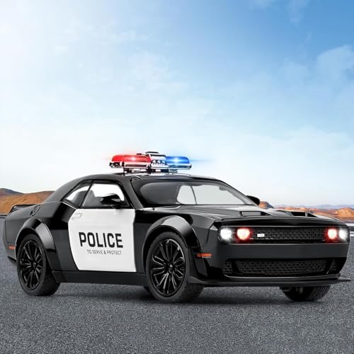 Image of 1 /24 Dodge Challenger Hellcat Model Car, Zinc Alloy Pull Back Toy car with Sound and Light for Kids Boy Girl Gift (Police Black)