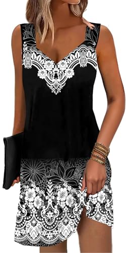 Image of SAUKOLE Summer Dresses for Women Casual Sleeveless Tank Dress Fashion V Neck Flowy Short Sundress