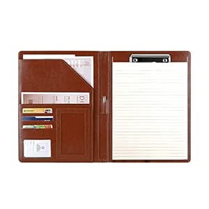 Podazz A4 Foldover Clipboard Folder, Leather Resume Storage Conference Folder with 8-Bit Calculator，Business Portfolio Notepad Holder for Interview/Presentation Document Card Organizer Holder (Brown)