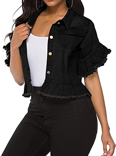 vunahzma Women's Denim Jacket Button Down Distressed Ruffle Sleeve Crop Jean Jackets Coat3