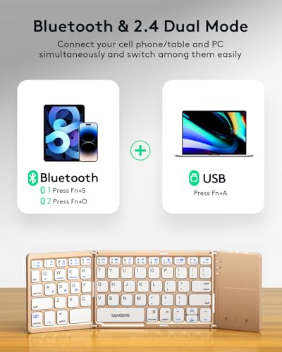 Image of Samsers Foldable Bluetooth Keyboard with Touchpad, Ultra Slim Compact, Gold | Multi-touch Trackpad, Full Size, Phone Holder, USB-C Charging, 3 Device, for Android Windows iOS Mac OS, Mobile Productivity
