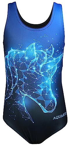 Aquarti Bañador con un Estampado para Niñas, Unicornio Azul/Negro, 158