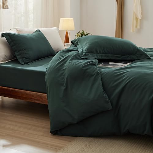 Image of Bedsure Duvet Cover Queen Size with Fitted Sheet - 4 Pieces Prewashed Cotton-Like Polyester Extra Soft Bedding Set, Includes 1 Duvet Cover 90x90 Inches, 2 Pillow Shams, 1 Fitted Sheet, Forest Green
