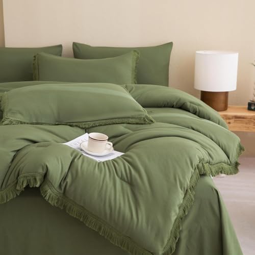 Image of Andency Oversized King Comforter Set with Sheets 120x120 Olive Green - 7 Pieces Boho Tassel Bed in a Bag Soft Lightweight Bedding Sets, Fringe Bed Set with Comforter, Sheets, Pillowcases & Shams
