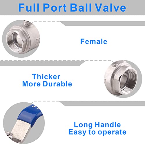 DERNORD Full Port Ball Valve Stainless Steel 304 Heavy Duty for Water, Oil, and Gas with Blue Locking Handles (2" NPT)